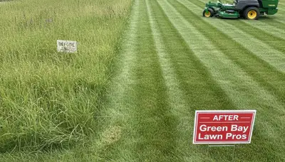 Before and after professional lawn mowing in Green Bay, WI by Chop Chop Landscaping showing trimmed, even grass