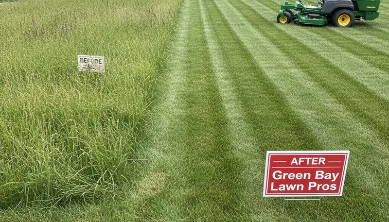 Before and after professional lawn mowing in Green Bay, WI by Chop Chop Landscaping showing trimmed, even grass