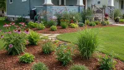 Organic landscape beds with natural mulch and native plants by Chop Chop Landscaping in Green Bay WI