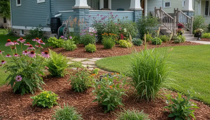 Organic landscape beds with natural mulch and native plants by Chop Chop Landscaping in Green Bay WI