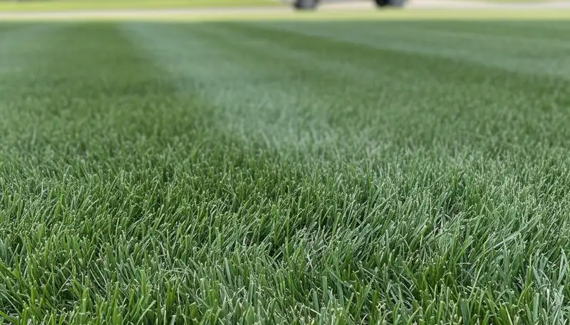 Close-up of freshly mowed green grass showing precise lawn mowing quality in Green Bay, WI