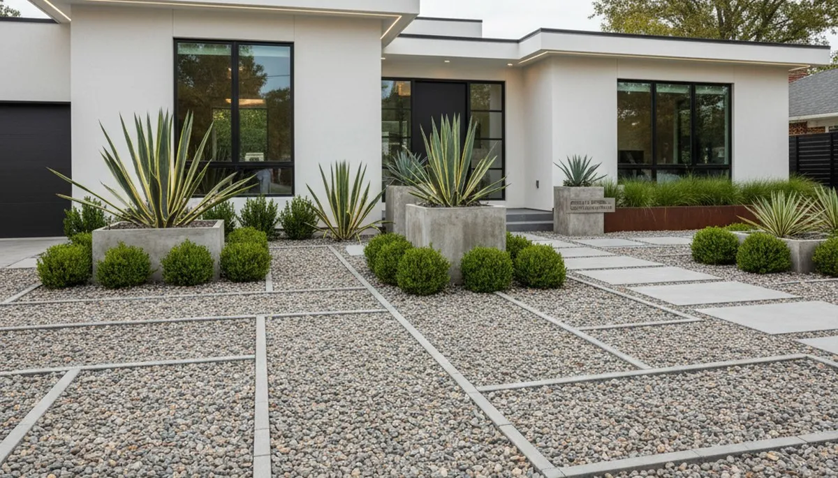 Modern pea gravel landscaping with geometric lines and plants in Green Bay, WI by Chop Chop Landscaping