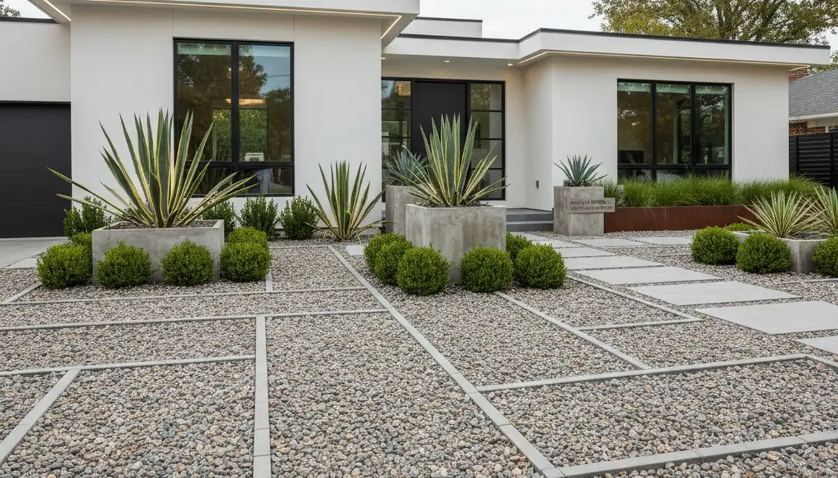 Modern pea gravel landscaping with geometric lines and plants in Green Bay, WI by Chop Chop Landscaping