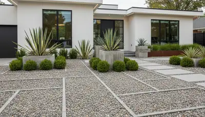 Modern pea gravel landscaping with geometric lines and plants in Green Bay, WI by Chop Chop Landscaping