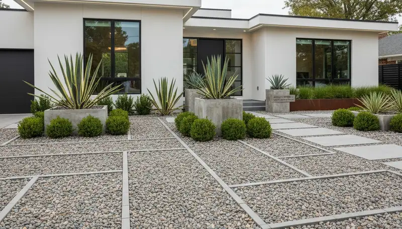 Modern pea gravel landscaping with geometric lines and plants in Green Bay, WI by Chop Chop Landscaping