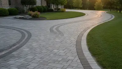 Curved paver driveway design by professional landscapers in Green Bay, WI enhancing curb appeal