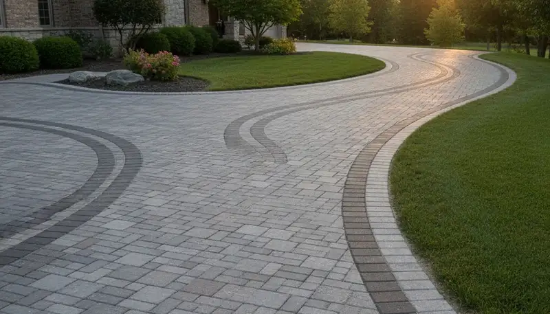 Curved paver driveway design by professional landscapers in Green Bay, WI enhancing curb appeal