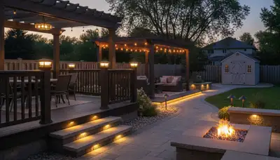 Illuminated deck and patio with post cap and step lights by Chop Chop Landscaping in Green Bay, WI