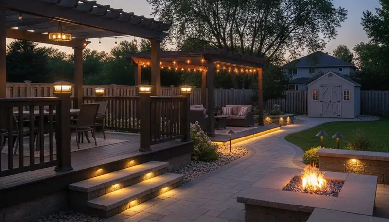 Illuminated deck and patio with post cap and step lights by Chop Chop Landscaping in Green Bay, WI