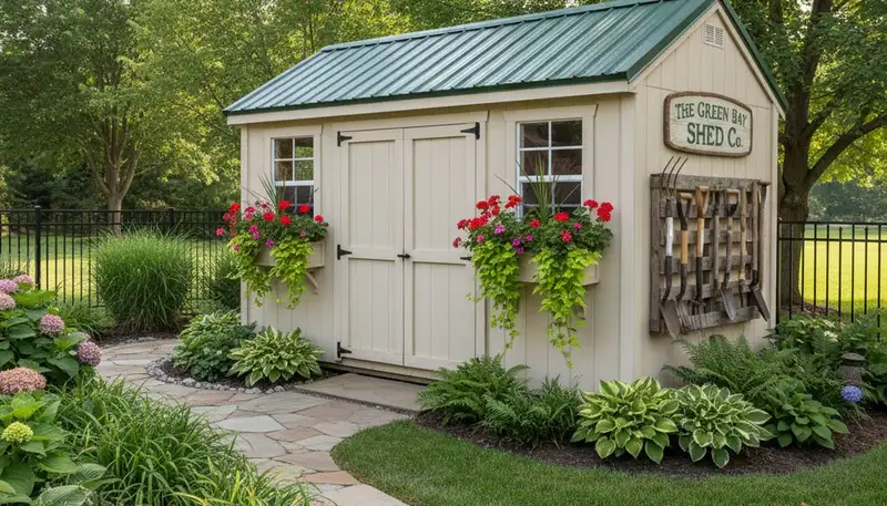 Decorative garden shed with custom landscaping in Green Bay WI by Chop Chop Landscaping