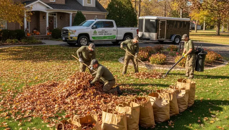 Professional landscapers raking and bagging fall leaves during yard cleanup in Green Bay, WI
