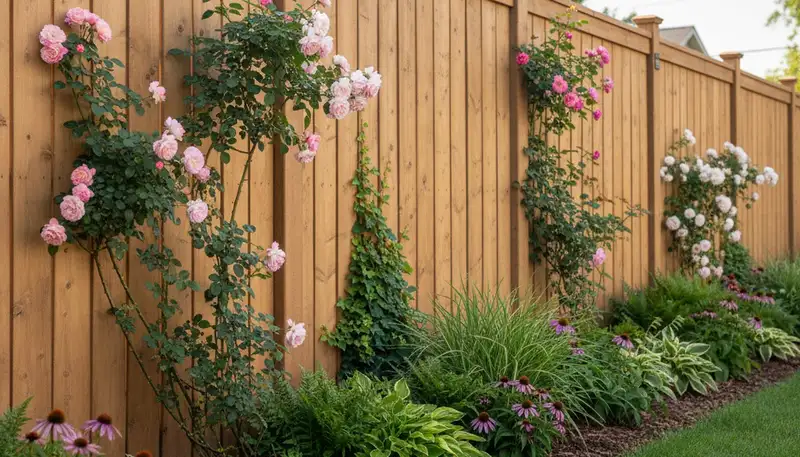 Fence with integrated landscape design and flowering beds in Green Bay WI by Chop Chop Landscaping