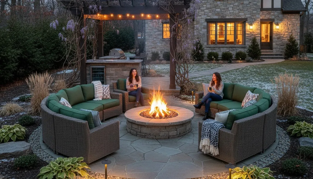 Fire pit patio with circular seating and landscape lighting by lawncaregreenbay.com in Green Bay, WI