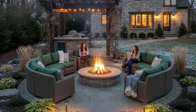 Fire pit patio with circular seating and landscape lighting by lawncaregreenbay.com in Green Bay, WI