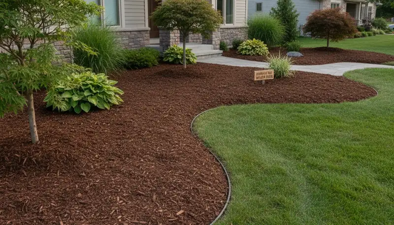 Fresh mulch installation with clean edges and rich color by Chop Chop Landscaping in Green Bay, WI