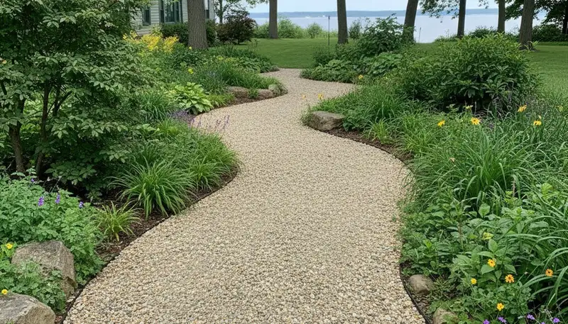 Pea gravel garden pathway with natural landscaping and drainage in Green Bay WI by Chop Chop Landscaping