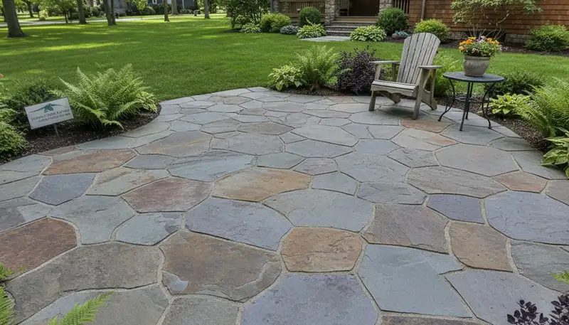 Modern large format stone slab patio installation by Chop Chop Landscaping in Green Bay, WI
