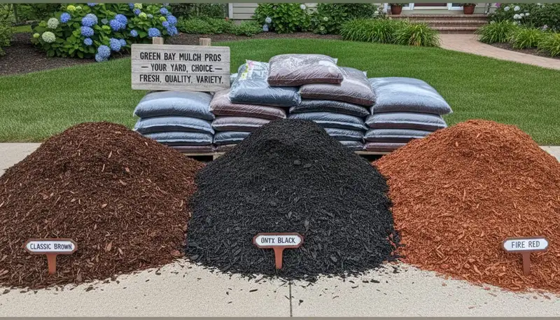 Brown, black, and red mulch display for Green Bay WI landscaping by Chop Chop Landscaping