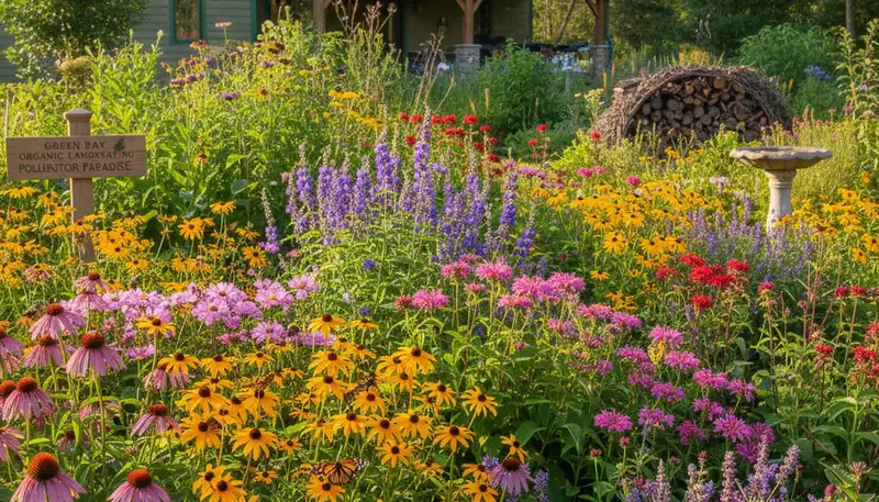Native pollinator garden with bee-friendly flowers and butterflies by organic landscapers in Green Bay WI