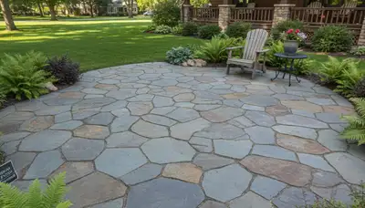Flagstone patio with natural slate pavers installed by Chop Chop Landscaping in Green Bay, WI