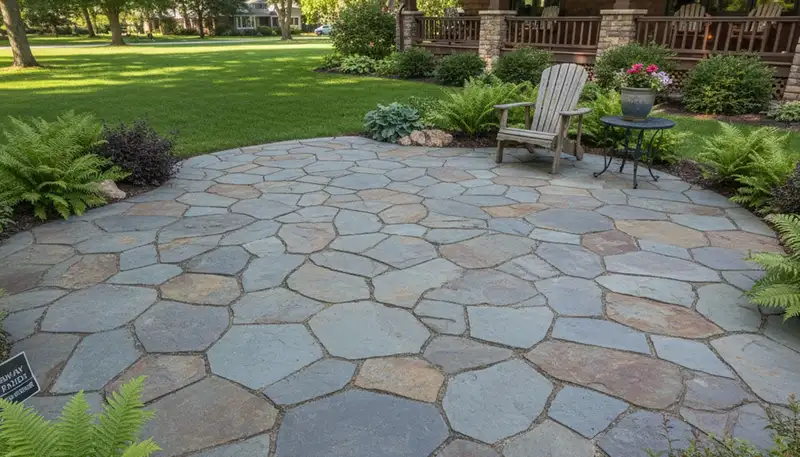 Flagstone patio with natural slate pavers installed by Chop Chop Landscaping in Green Bay, WI