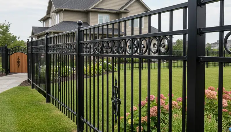 Black ornamental metal fence with scrollwork by Chop Chop Landscaping in Green Bay WI