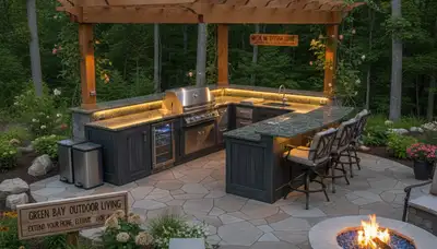 Luxury outdoor kitchen with pergola and lighting by Green Bay WI landscaping experts