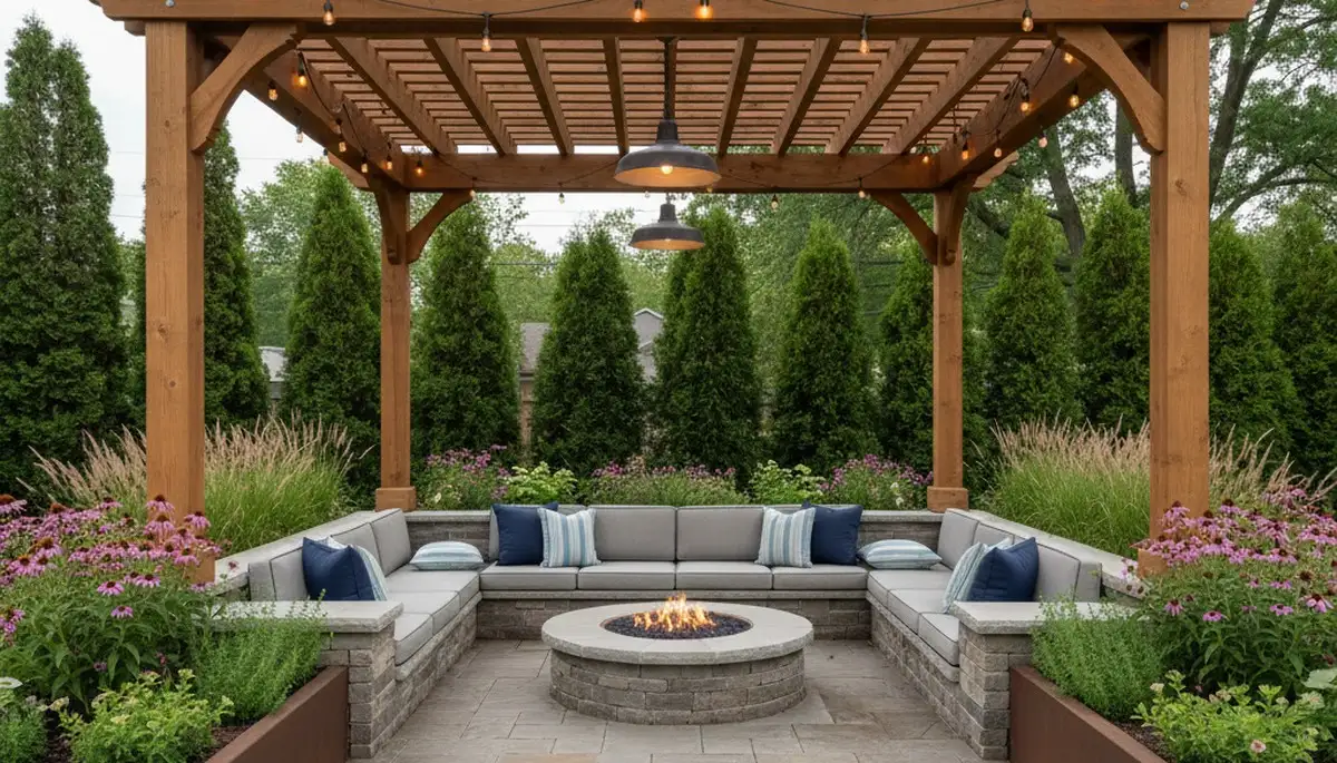 Elegant interlocking paver patio with pergola and lighting in a landscaped Green Bay, WI backyard