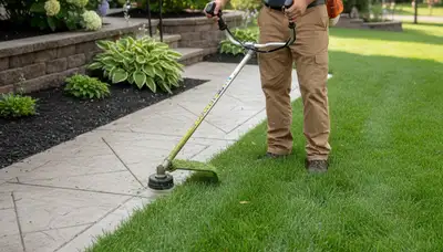 Technician performing precise lawn edging with string trimmer in Green Bay, WI landscaping project