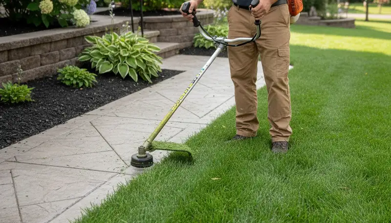 Technician performing precise lawn edging with string trimmer in Green Bay, WI landscaping project