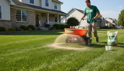 Lawn care technician applying fertilizer with spreader on residential turf in Green Bay, WI
