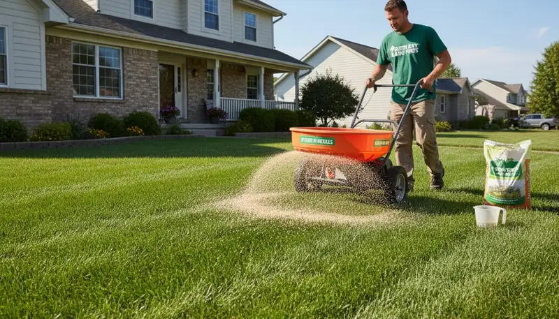 Lawn care technician applying fertilizer with spreader on residential turf in Green Bay, WI