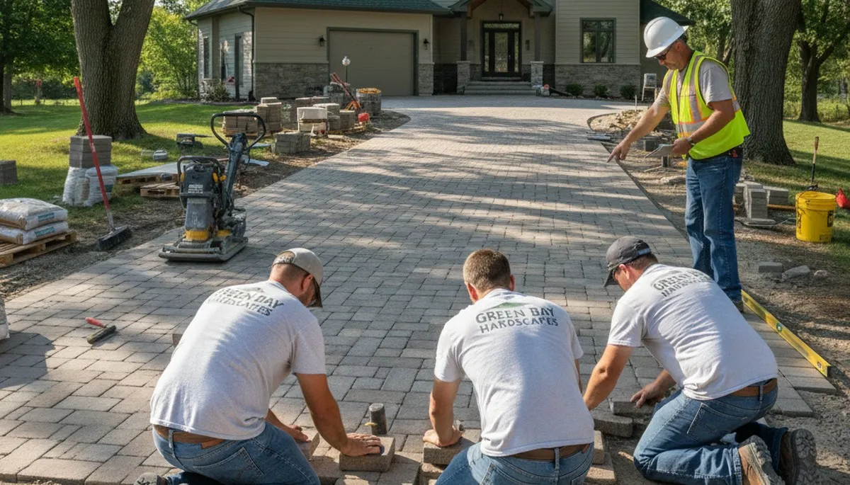 Crew installing driveway pavers in Green Bay WI with professional base prep and leveling by Chop Chop Landscaping
