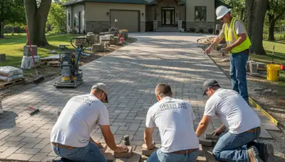 Crew installing driveway pavers in Green Bay WI with professional base prep and leveling by Chop Chop Landscaping