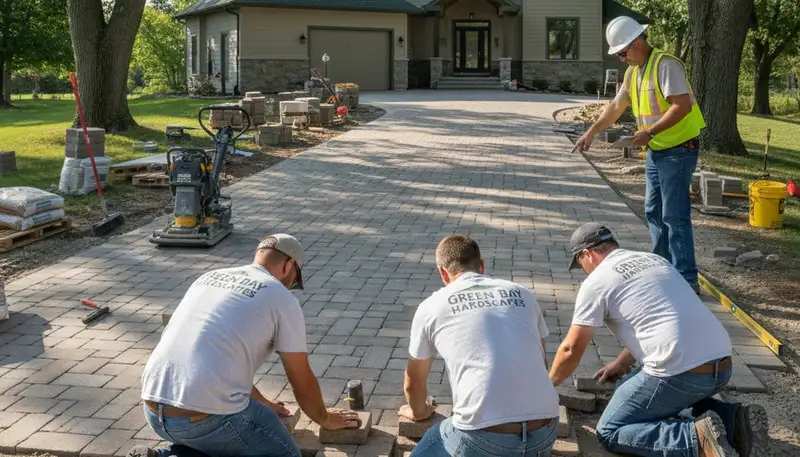 Crew installing driveway pavers in Green Bay WI with professional base prep and leveling by Chop Chop Landscaping