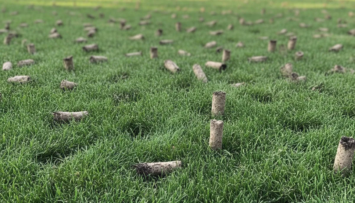 Close-up of lawn aeration soil core plugs on treated grass by Chop Chop Landscaping in Green Bay, WI