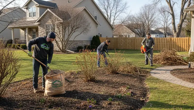 Spring yard cleanup and garden bed pruning by professional landscapers in Green Bay, WI