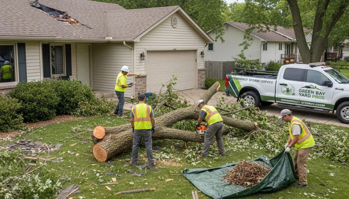 Storm debris and fallen branches cleared by Chop Chop Landscaping in Green Bay, WI yard cleanup service