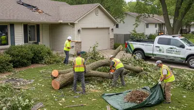 Storm debris and fallen branches cleared by Chop Chop Landscaping in Green Bay, WI yard cleanup service