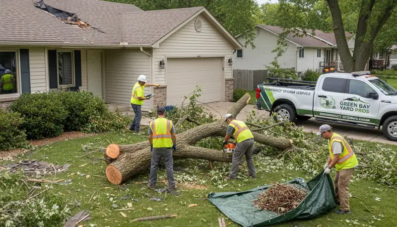 Storm debris and fallen branches cleared by Chop Chop Landscaping in Green Bay, WI yard cleanup service