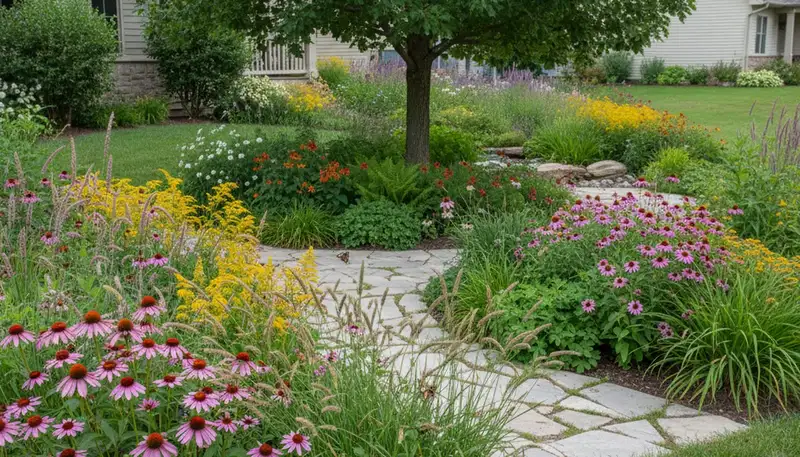 Sustainable native plant garden with drought-tolerant landscaping design in Green Bay, WI