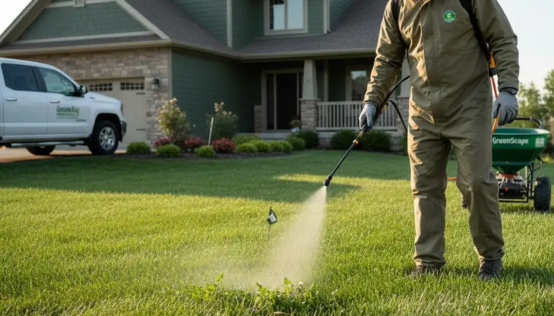 Lawn care specialist applying targeted weed control treatment in Green Bay, WI lawn