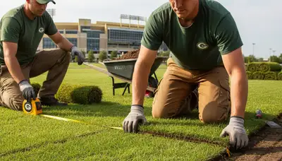 Professional landscaper installing sod rolls with precision in Green Bay, WI lawn renovation project