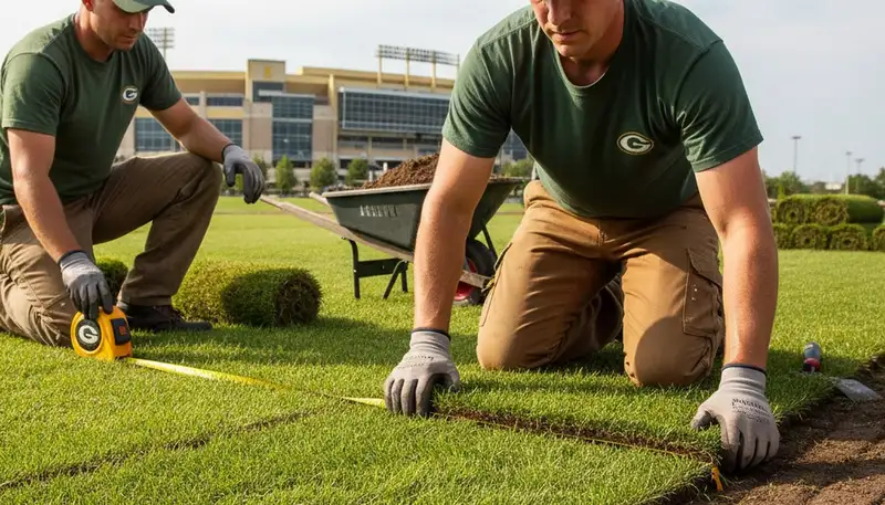 Professional landscaper installing sod rolls with precision in Green Bay, WI lawn renovation project