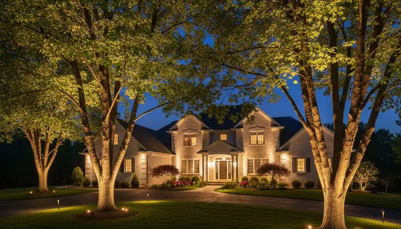 Uplit mature trees with professional landscape lighting creating dramatic shadows in Green Bay, WI