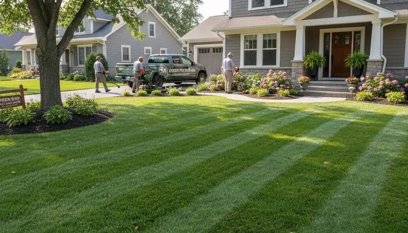 Manicured residential lawn with clean edges and lush grass by Chop Chop Landscaping in Green Bay, WI